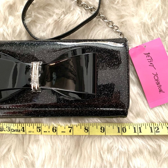 NWT BETSEY JOHNSON BLACK PATENT XOLYLA SHIMMER/GLITTER PURSE CLUTCH WITH BOW - Picture 6 of 12